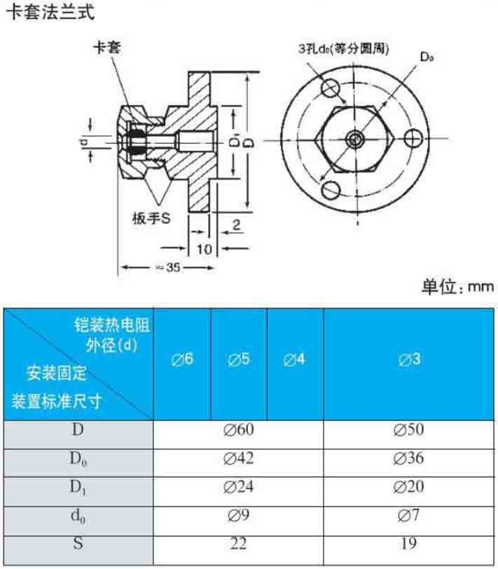 銅熱電阻卡套法蘭式安裝尺寸圖